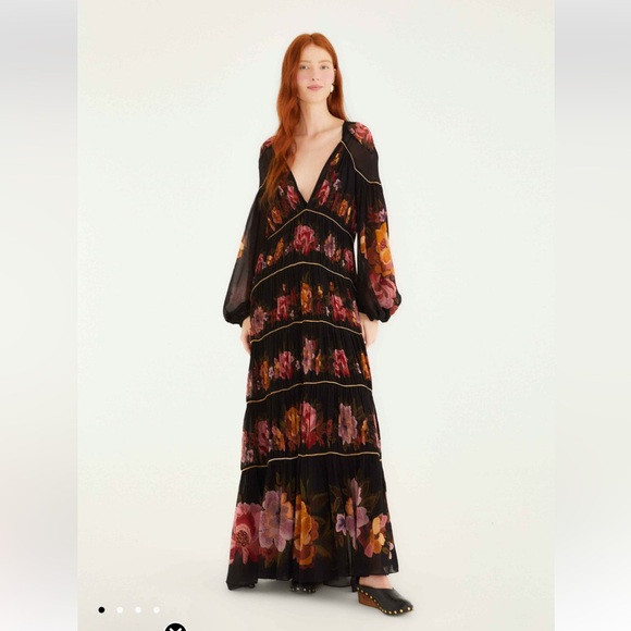 FARM Rio Dresses & Skirts - Farm Rio Black Chenille Flowers Long Sleeve Midi Dress Maxi Dress size M NWT
